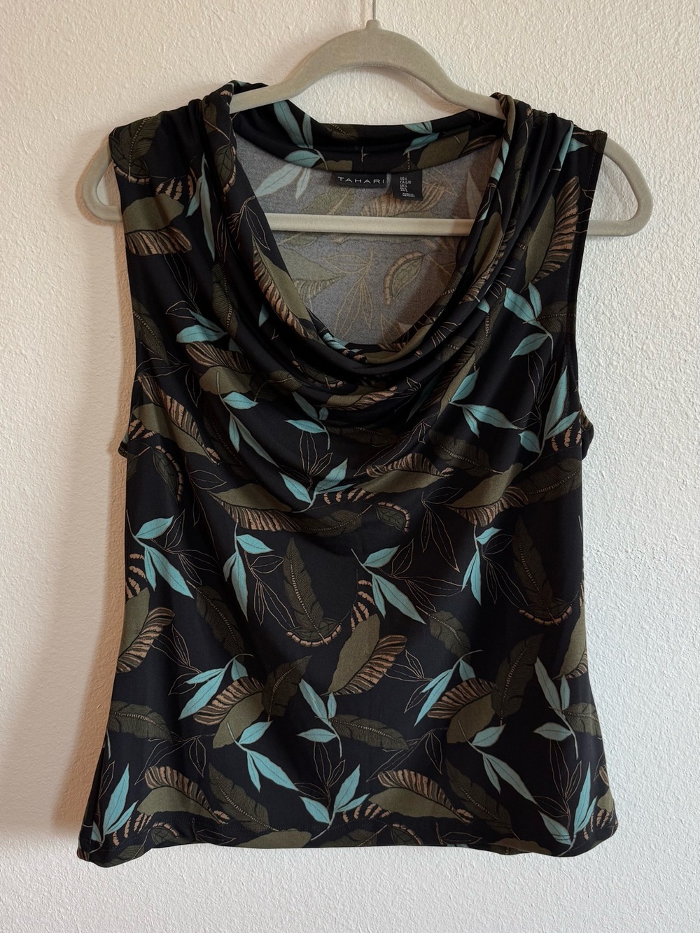Tahari Black Cowl Neck Sleeveless Top with Teal & Olive Leaf Print